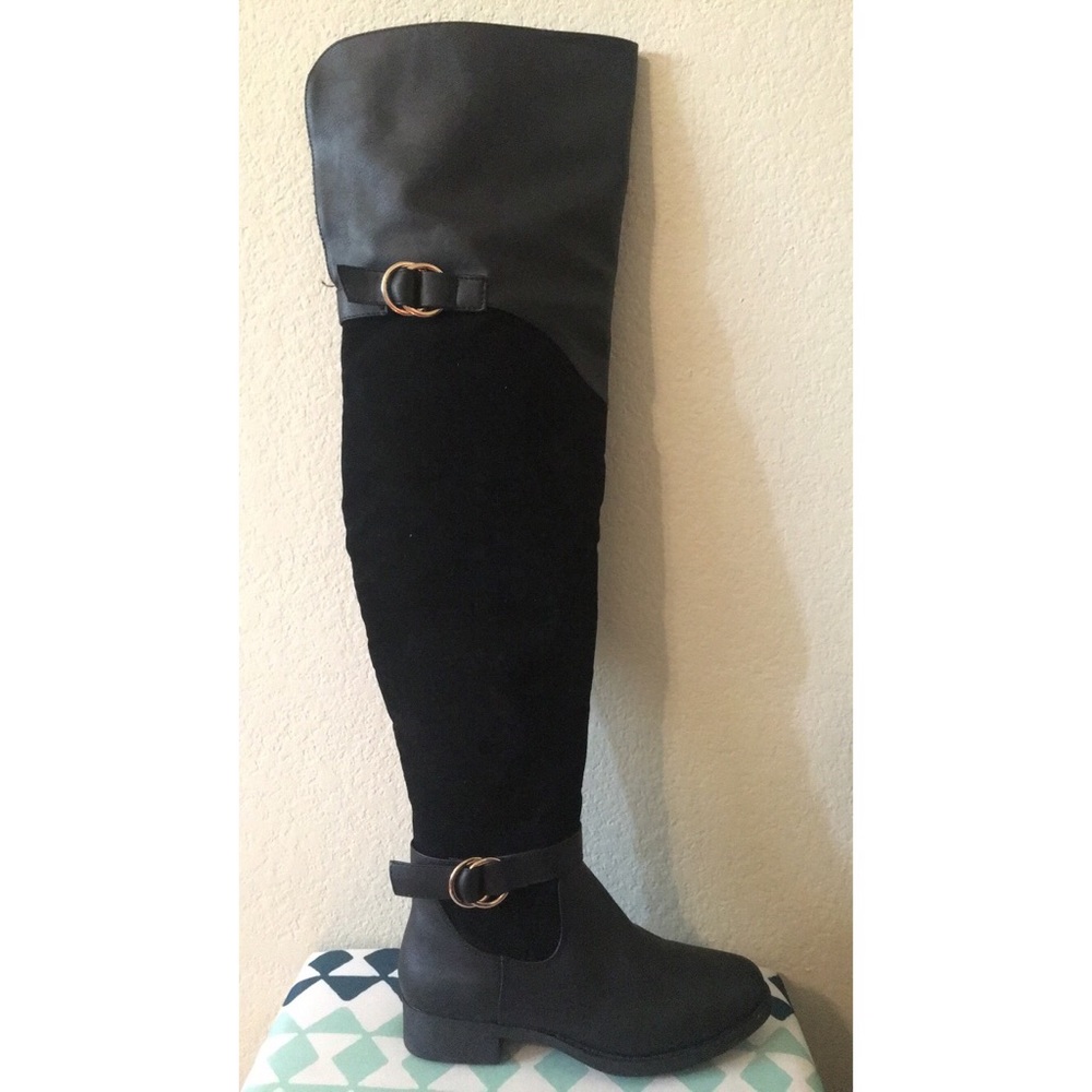 Black thigh high boots with faux leather